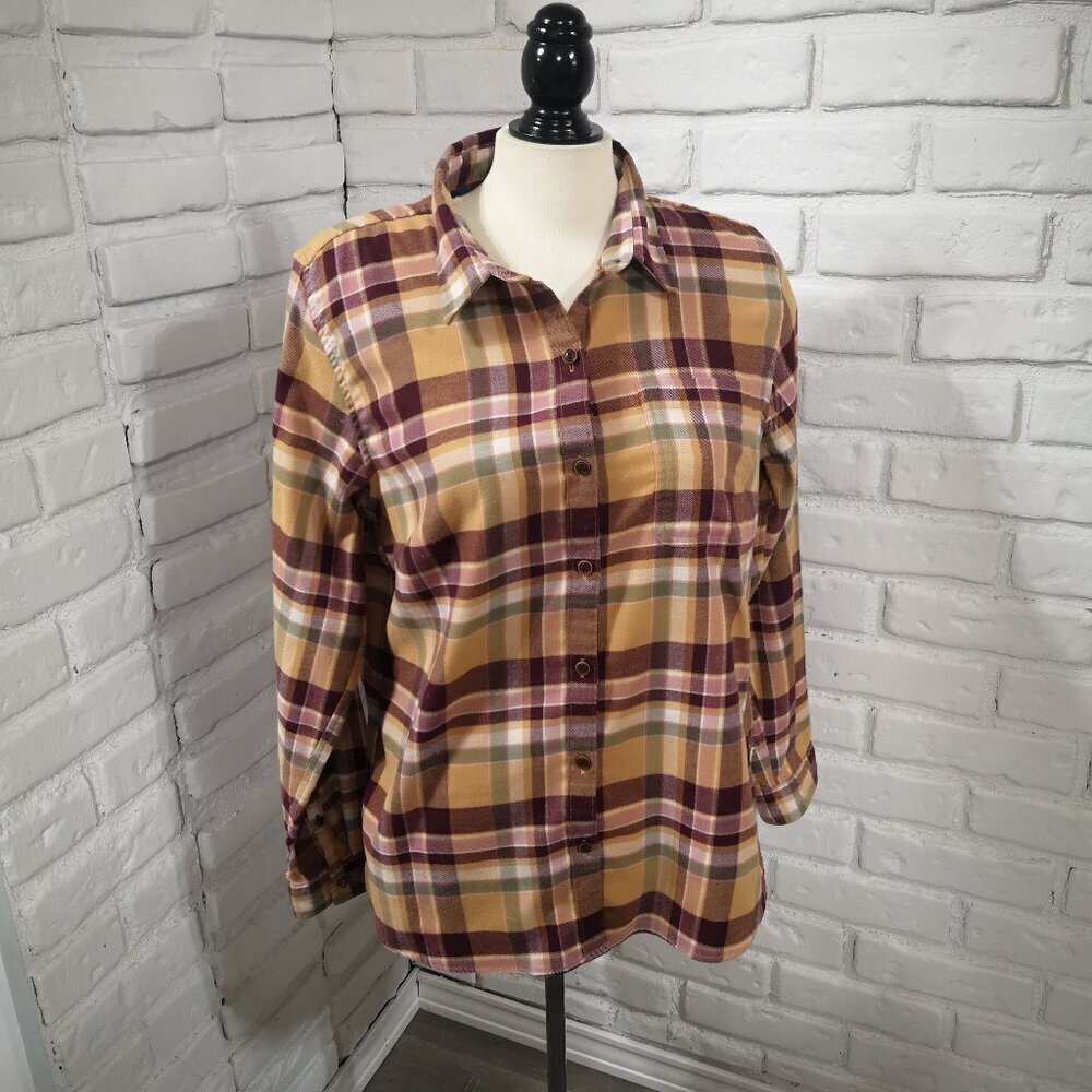 L.L. Bean Ladies Size Large Burgundy Tan Grey & White Plaid Button Front Shirt